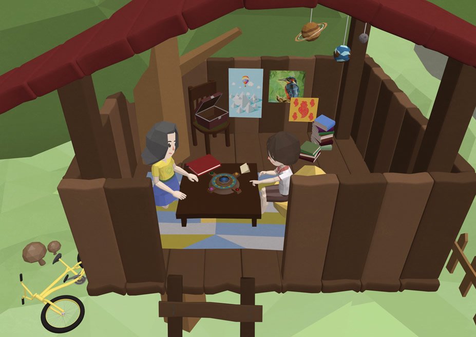 A imagem mostra duas crian&ccedil;as a brincar numa casa de madeira numa &aacute;rvore