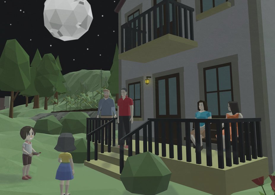 Imagem noturna de uma casa, com duas mulheres sentadas na varanda a conversar e dois homens de p&eacute; a olhar para duas crian&ccedil;as que brincam no jardim com um aparelho eletr&oacute;nico nas m&atilde;os