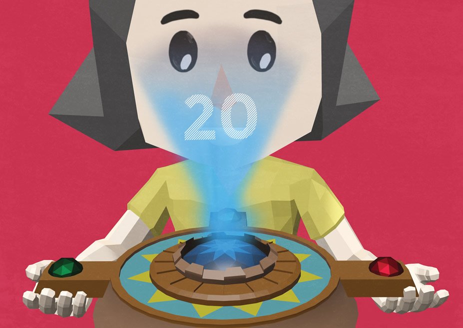 A imagem mostra uma menina com um aparelho eletr&oacute;nico nas m&atilde;os que projeta uma luz para a sua cara com o n&uacute;mero vint